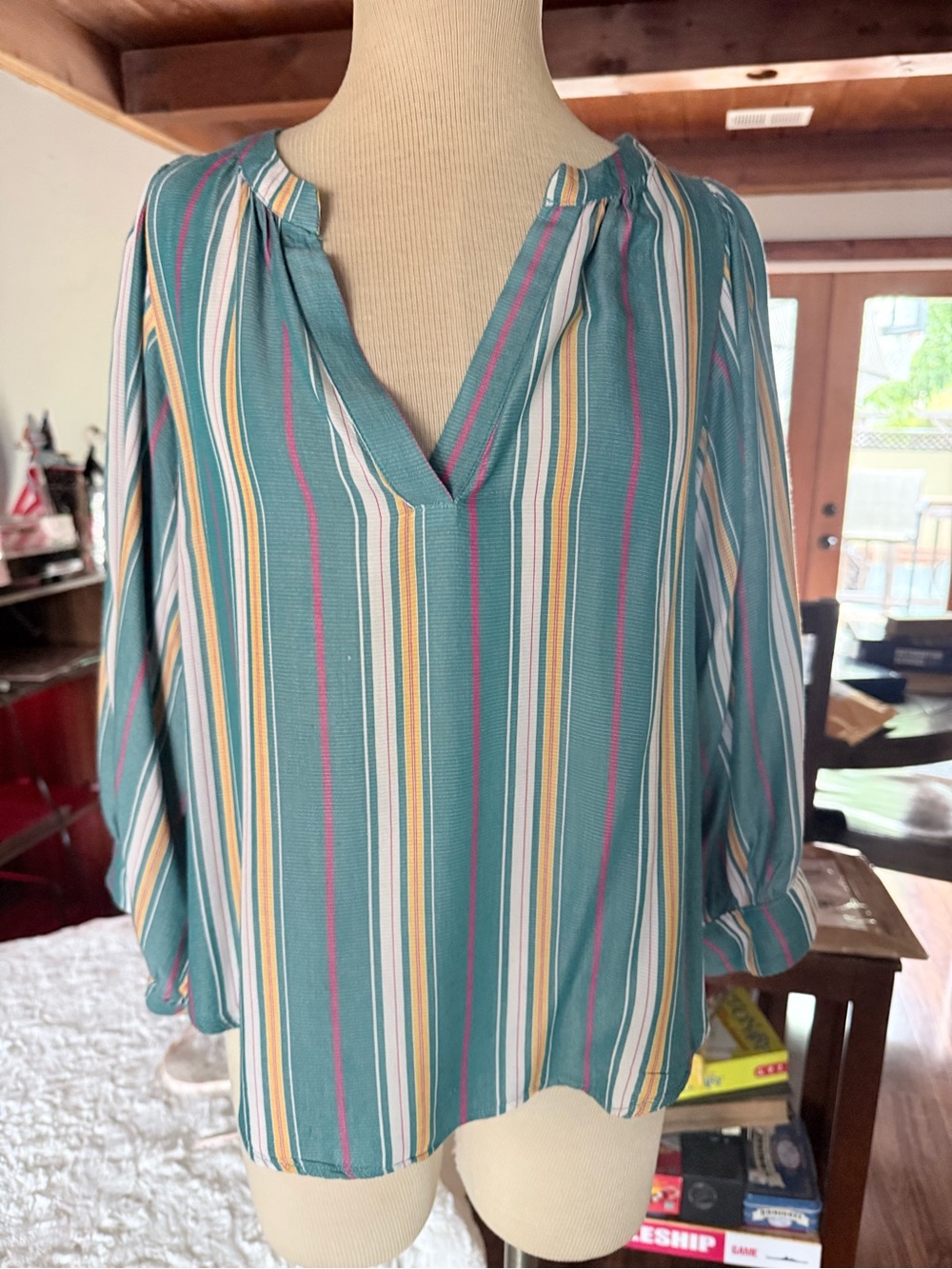 Anthropologie Maeve Teal Striped V-Neck Blouse with Multicolor Accents